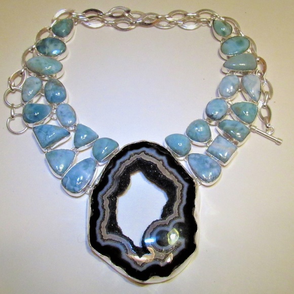 Amazing Larimar Crystal Druzy Agate Slice Necklace - Picture 1 of 8